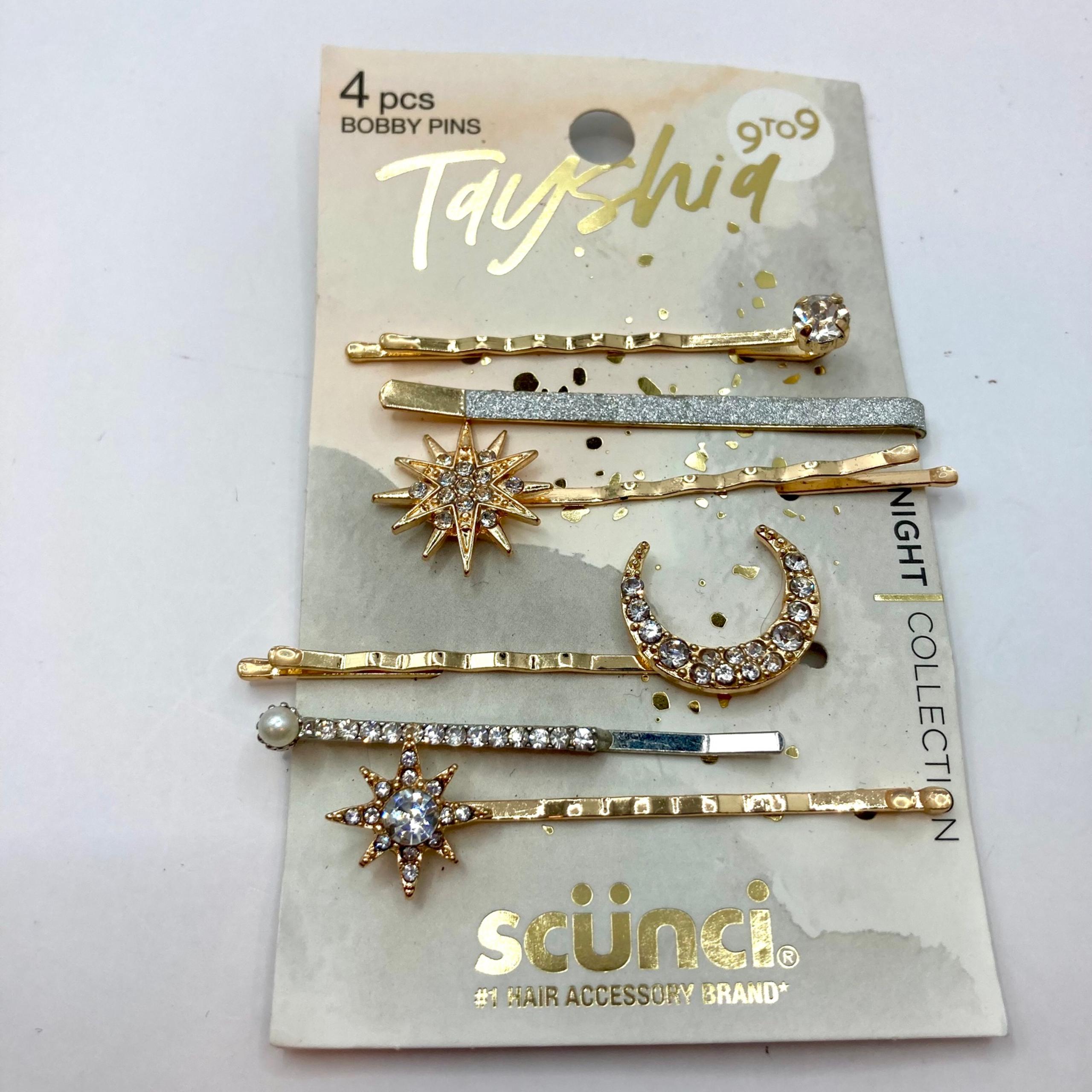 Tayshia Scunci Rhinestone Glitter Bobby Pins Set (6) Glam Gold & Silver Tone