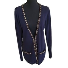 Adrienne Vittadini Womens Long Sleeve Knit Gold Tone Chain Navy Cardigan Large