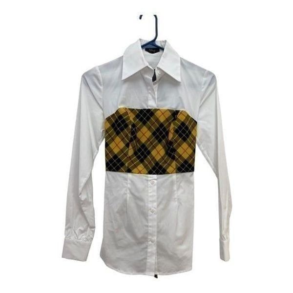 NWT Petersyn Monroe yellow tartan tie back white button down top XS