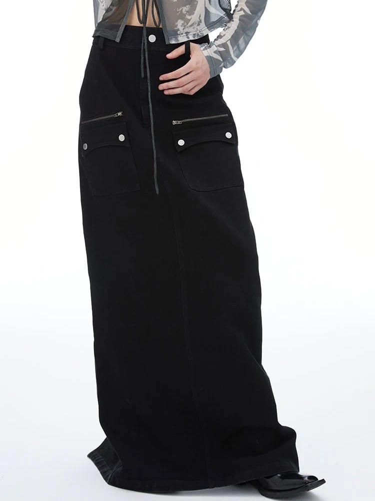 スカート AVANDRESS Harper Pocket Denim Long Skirt BLACK AD43SK38 Black Denim Maxi Hi waisted Long Skirt with front zip and