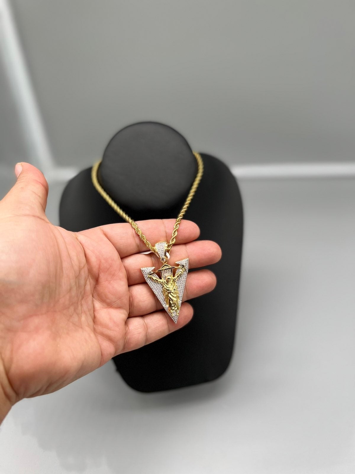 CZ Micro Pave Jesus Pendant with free 14K GP Rope Chain