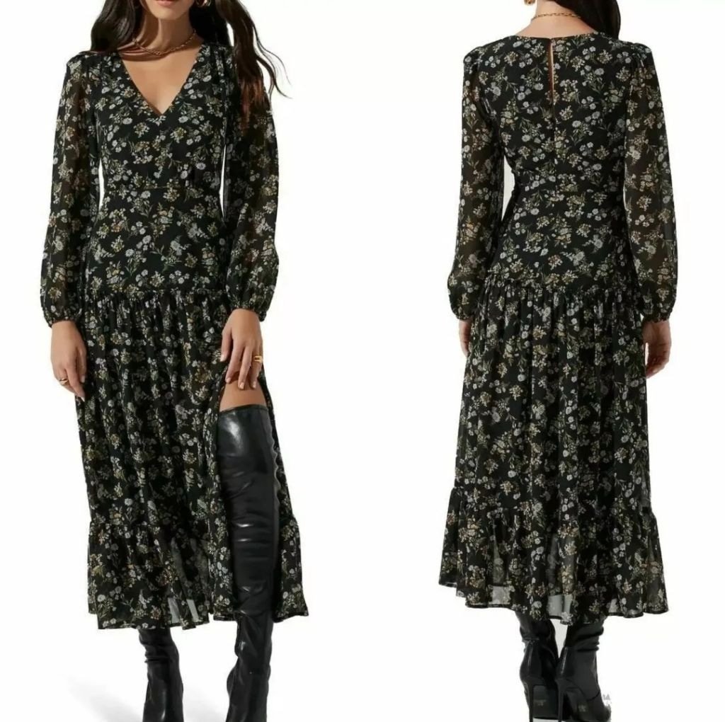 NWT Astr The Label Chiffon Black Yellow Floral Long Sleeve Midi Maxi Dress Sz S