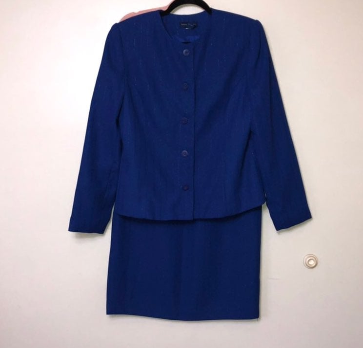 Karen Scott Two Piece Skirt Suit. Royal Blue with Silver Accents. Size 10