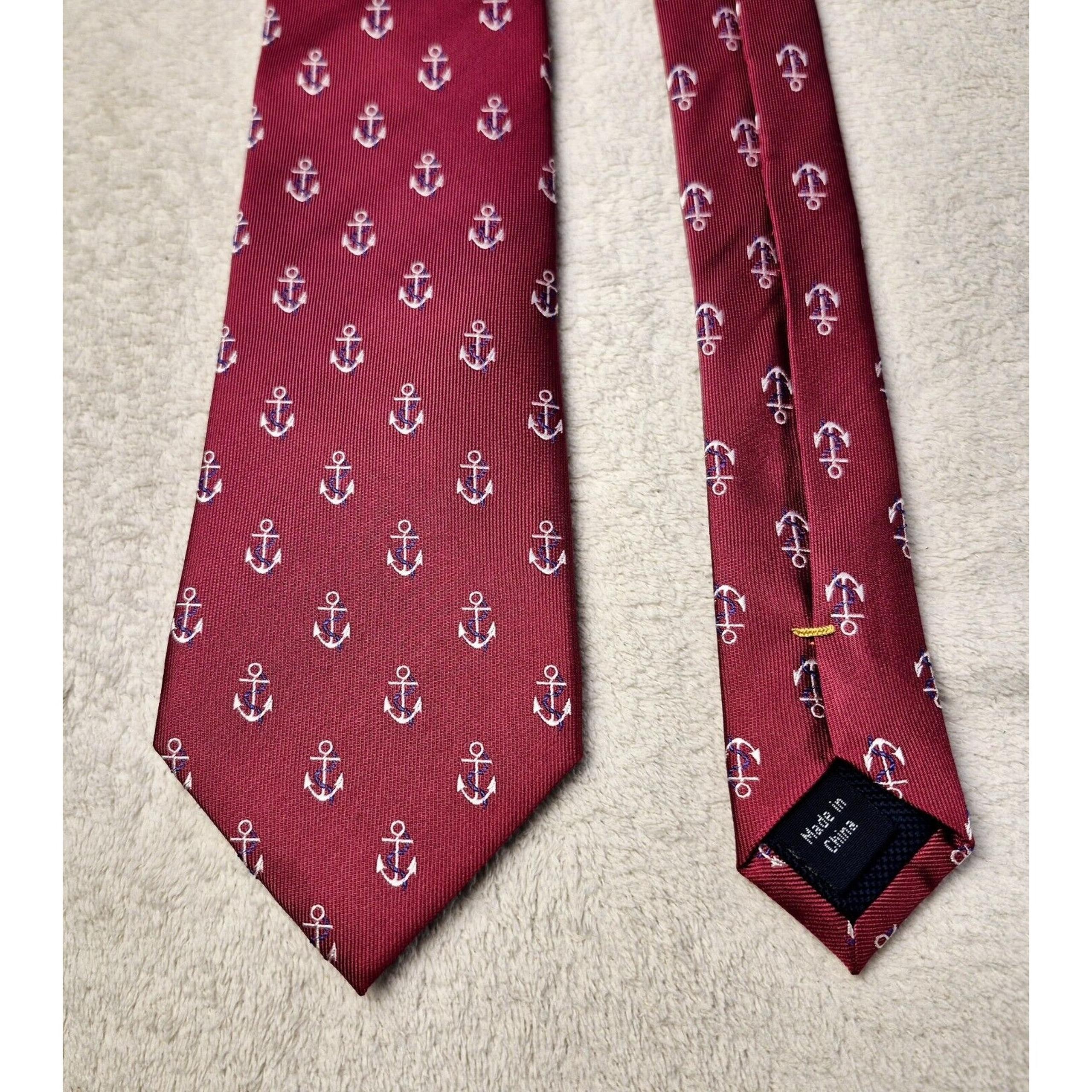 Nautica Nautical Anchor Tie Power Red 100% Silk White Geometric 57"x3.25" NWT