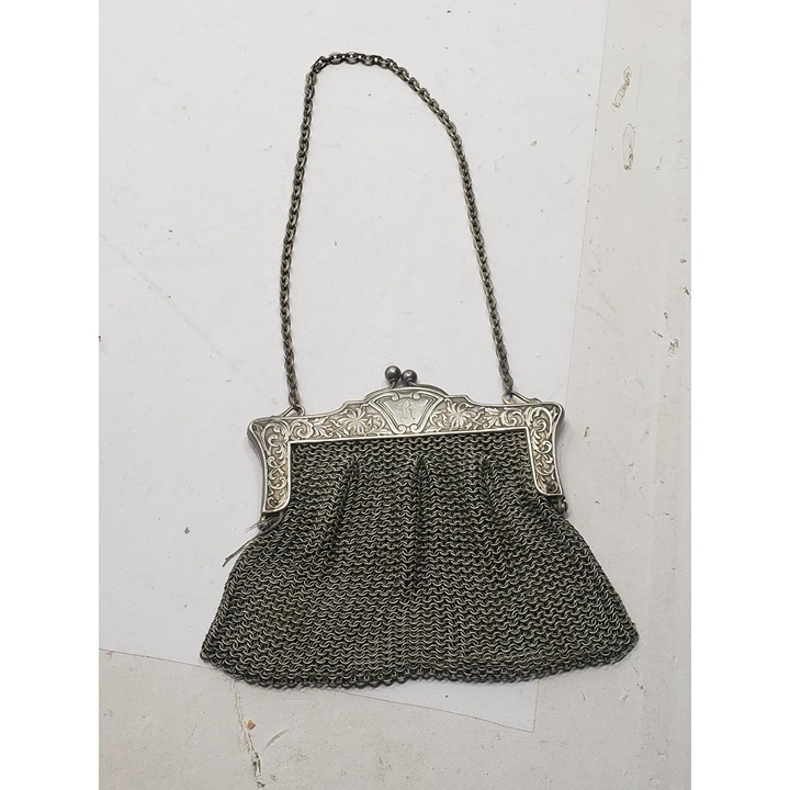 Antique German Silver Floral Initial R Chainlink Mesh Handbag Chainlink Strap