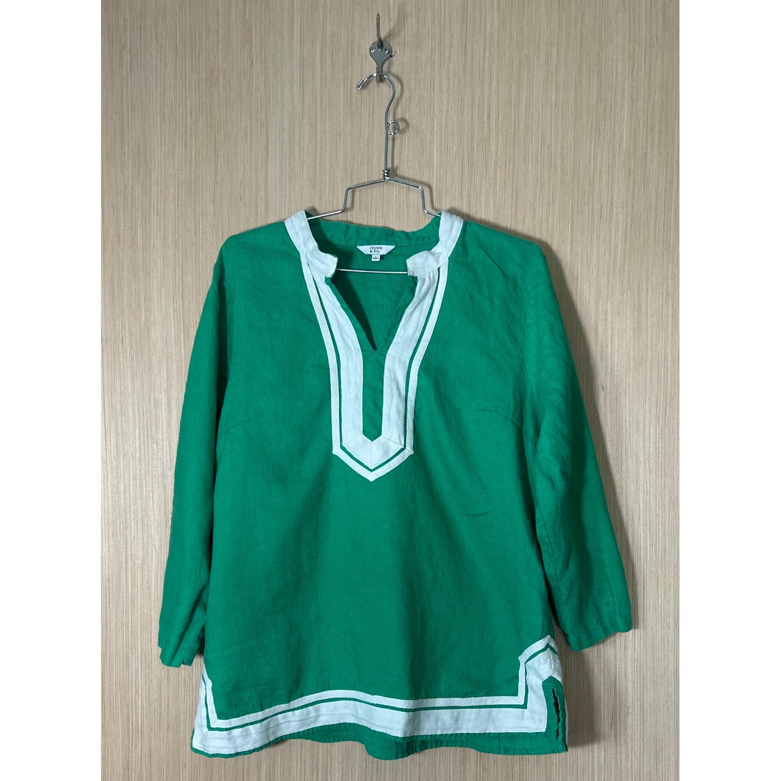 Crown & Ivy Green Tunic Top Bohemian Style White 100% Linen  Casual  Sz L