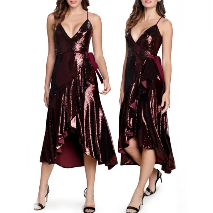 Dress The Population Ulla Sequin Wrap High Low Asymmetric Ruffle Dress Port S