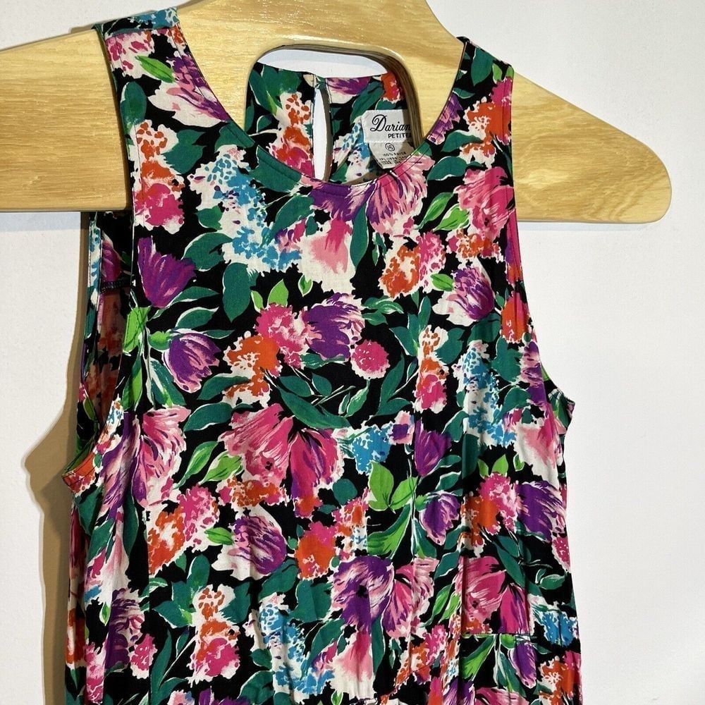 Vintage Darian Petites 16 Floral Sleeveless Dress Fit Flare Rayon 90s