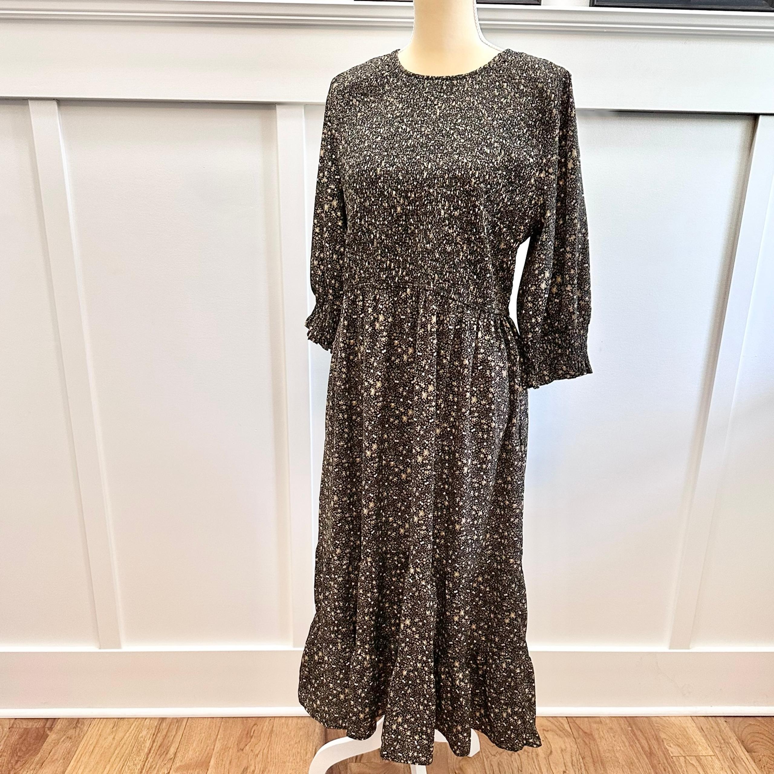 BALTIC BORN Dress Women’s XL Black & Tan Pele Tiered Midi Floral Smock New w/tag