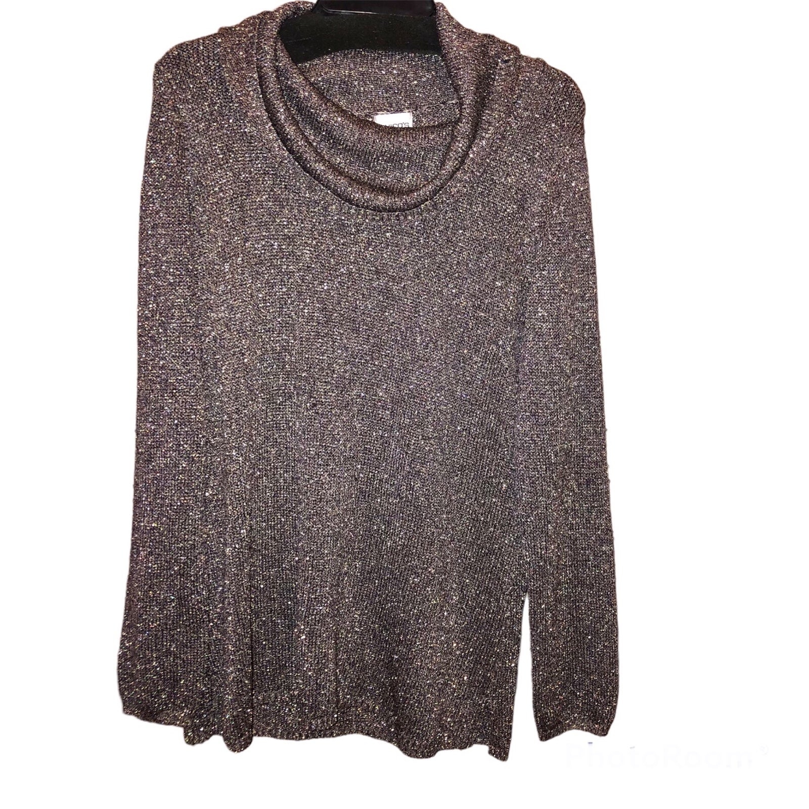 Chico’s Metallic Glitter Cowl Turtleneck Sweater Silver Grey 1
