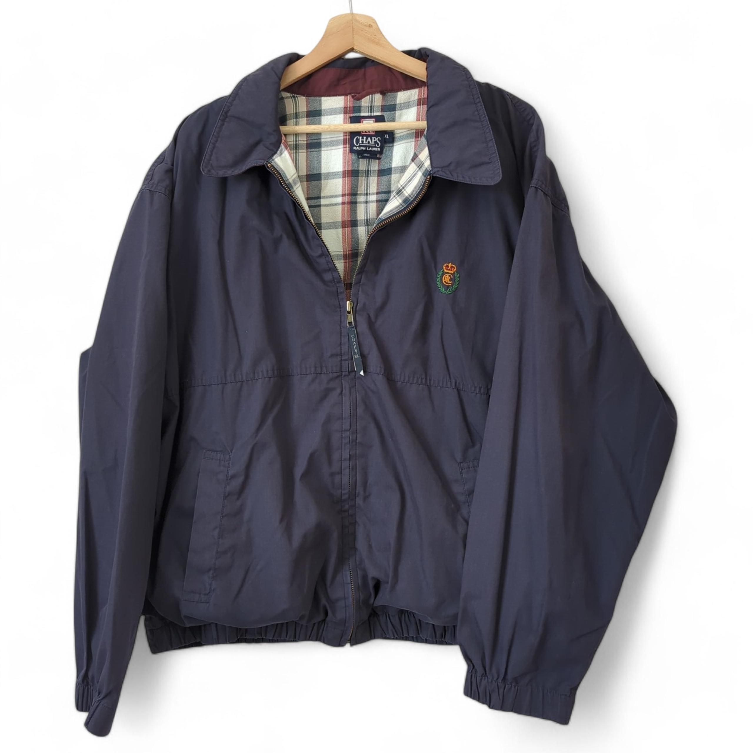 Vintage Chaps Ralph Lauren Bomber Jacket Mens XL Full Zip Blue Plaid Lined Navy