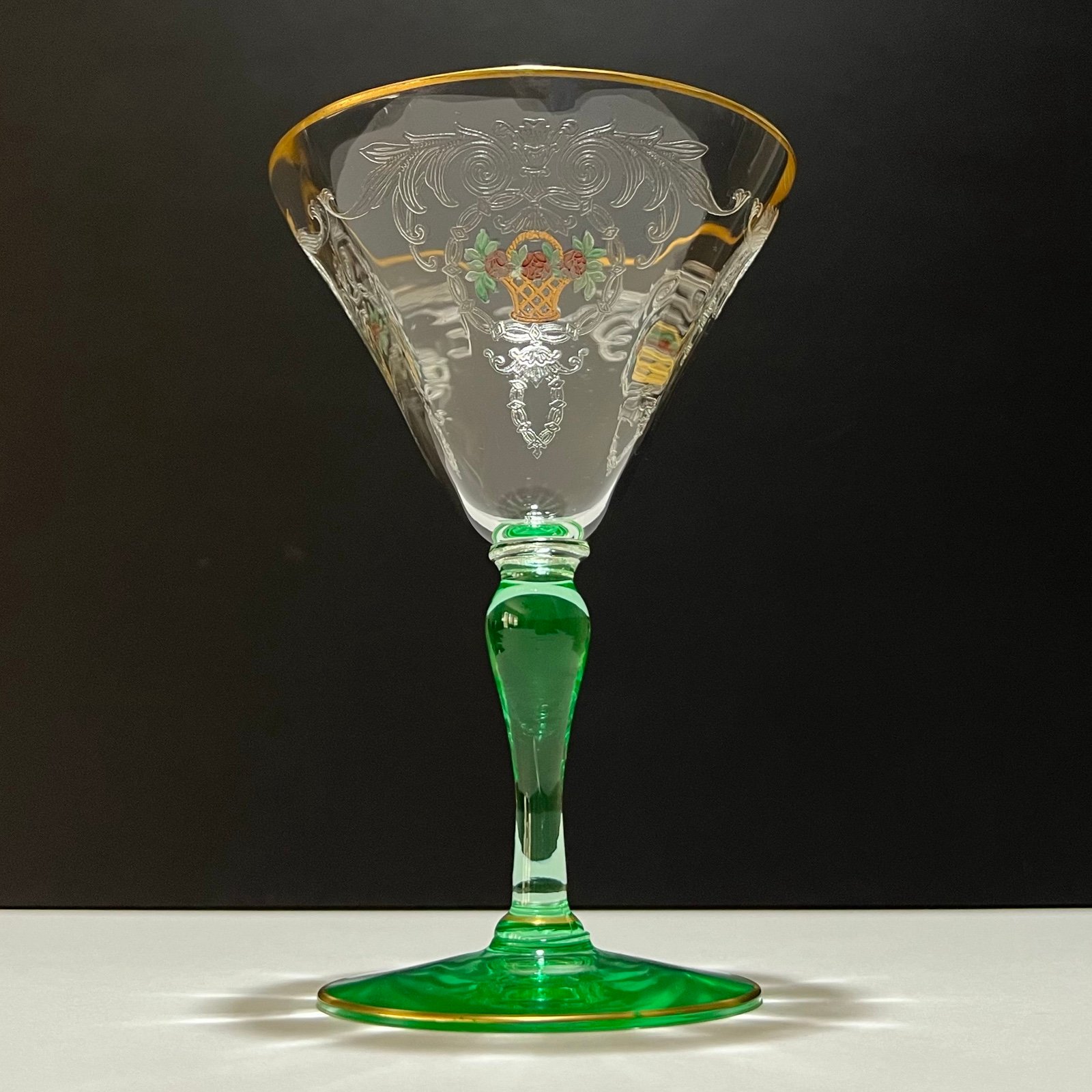 Maryland Glass Co. Basket Etched 5.75 Optic Martini Glass (1918-1935) UG Stem