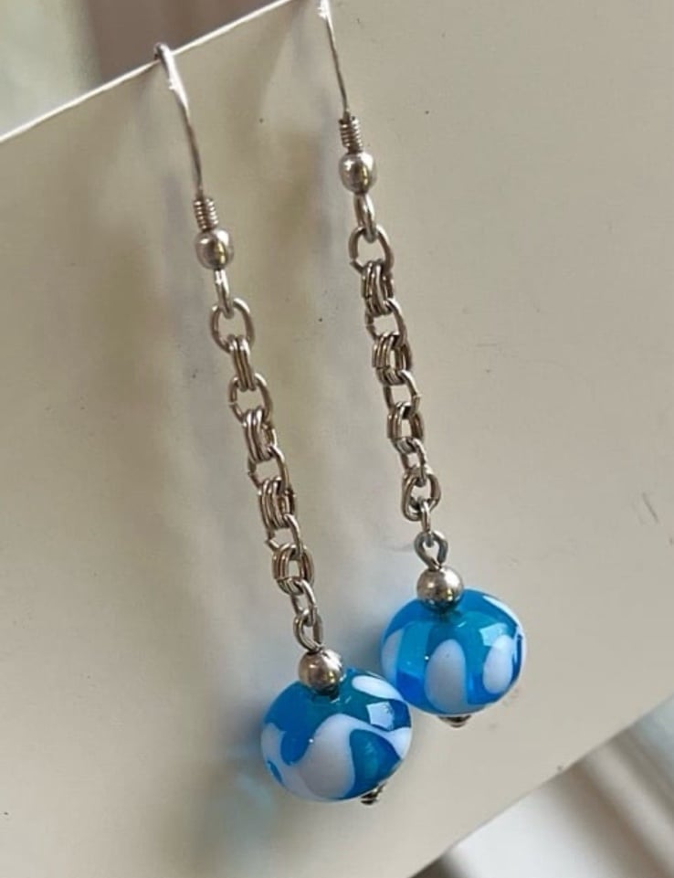 Vintage Sterling Silver Chain Blue/White Glass Murano Bead Dangle Earrings