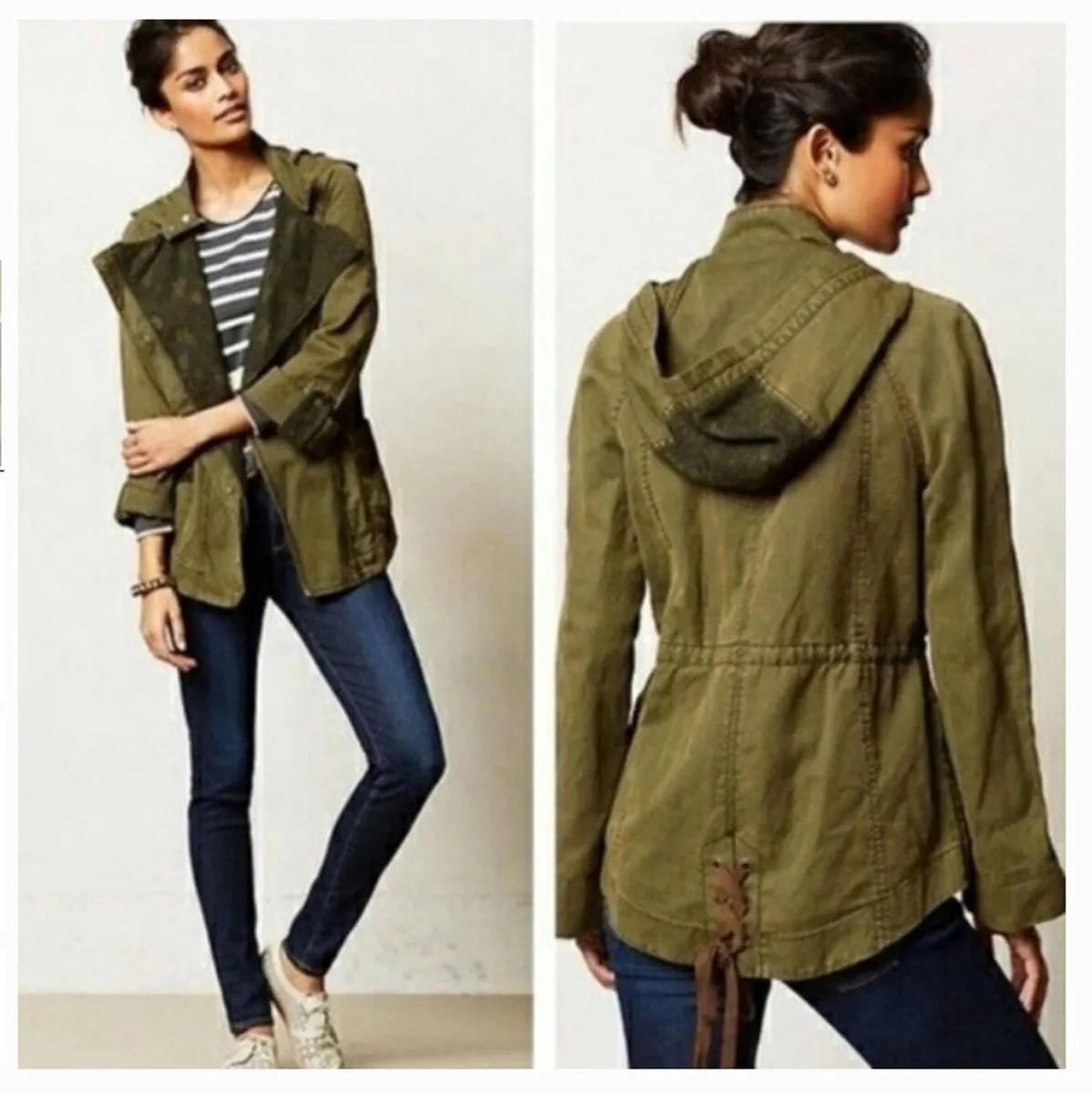 Anthropologie Hei Hei Lace Trim Hooded Utility Jacket in Army Green