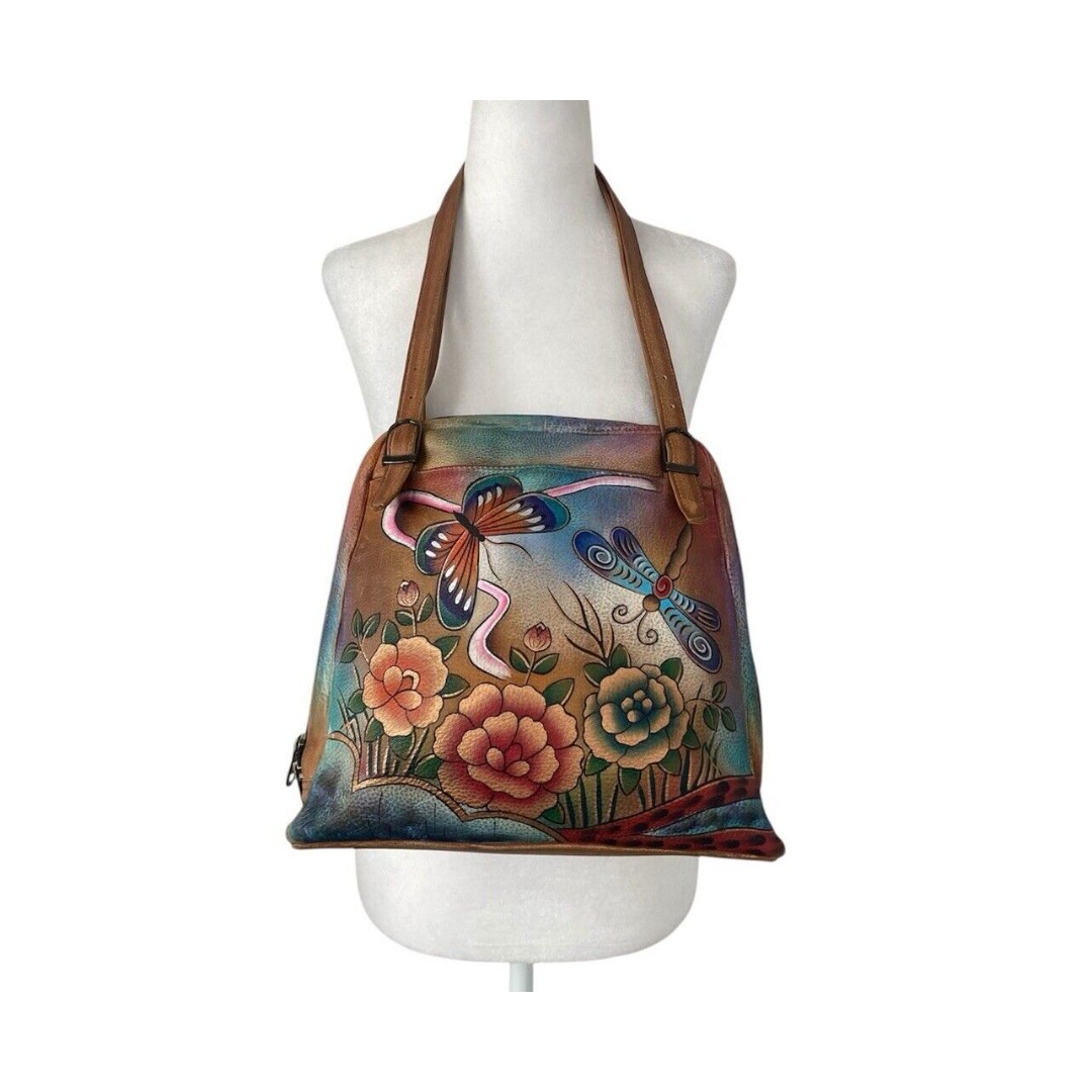 Anushka Hand Painted Leather Shoulder Bag Womens Floral Butterfly Zipper Snap