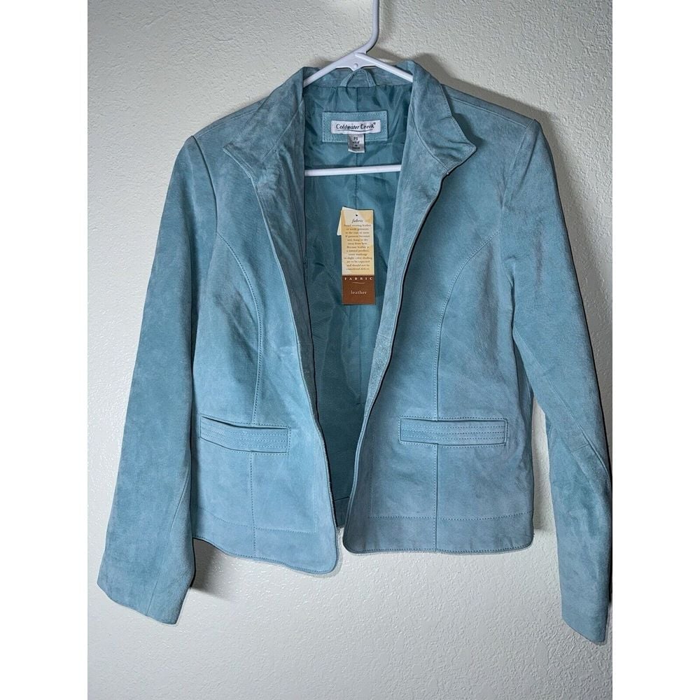 NEW Coldwater Creek Womens PS Suede Leather Jacket Blue/Green Open Front Blazer