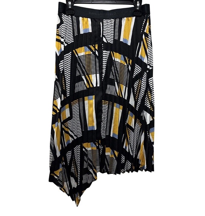 Karl Lagerfeld Skirt Women's Black Yellow Geometric Asymmetric Midi Pleated S
