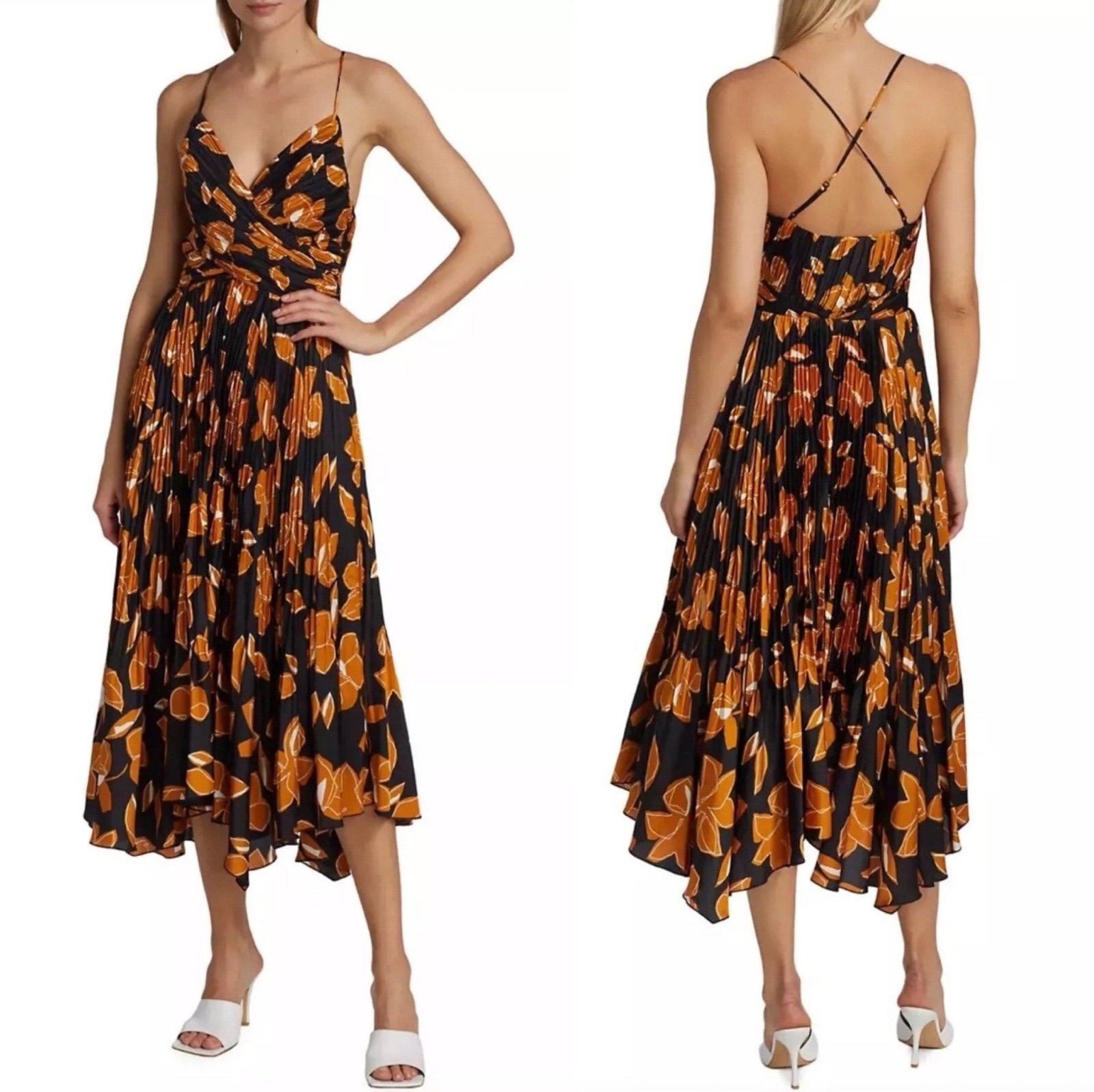 Jonathan Simkhai Portia Pleated Floral Satin Midi-Dress Handkerchief Hem Cross