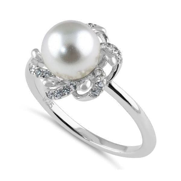 New Sterling Silver Floral Shell Pearl CZ Engagement Ring Size 8
