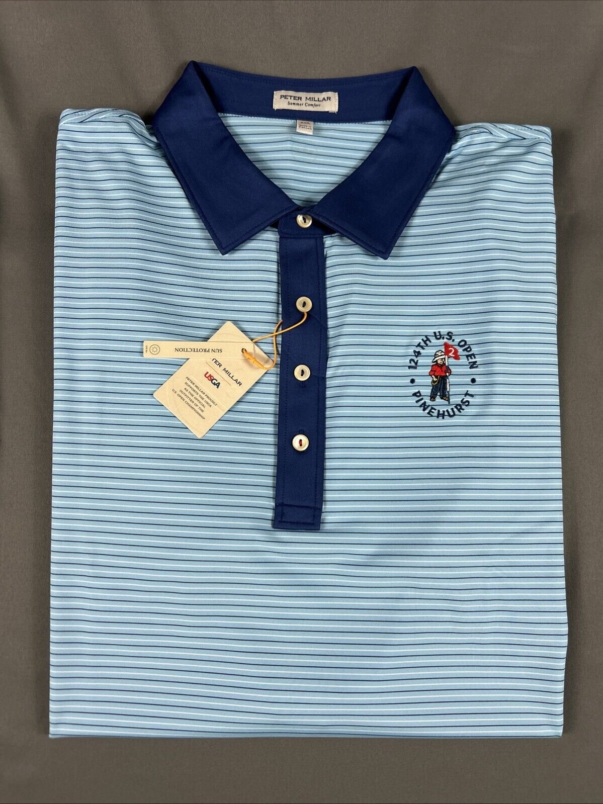 Peter Millar Golf Shirt Polo Pinehurst US Open Logo XXL Blue Striped Polyester