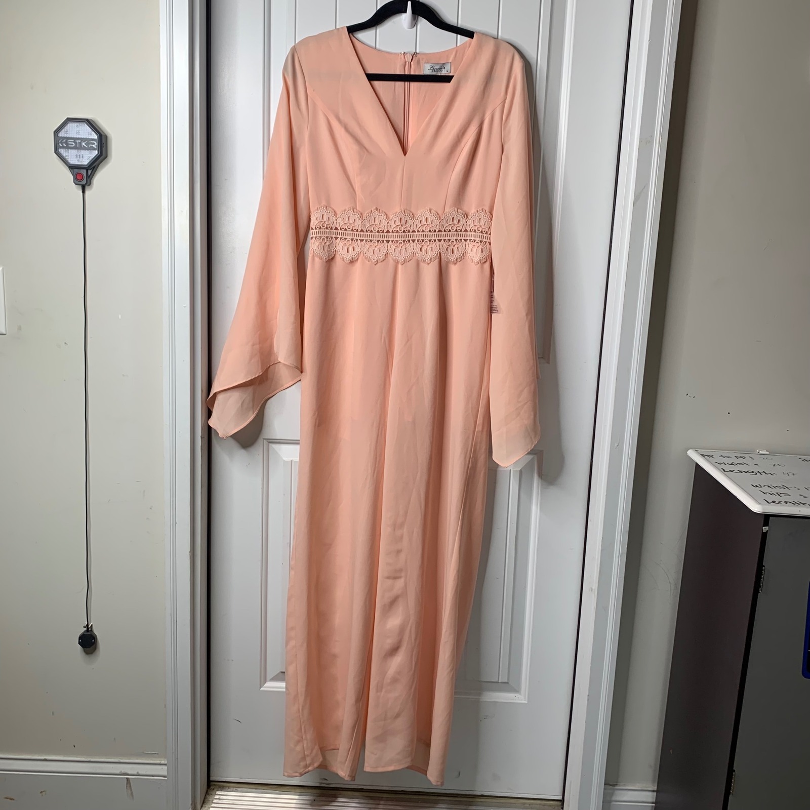 Lumier by Bariano tangerine peach Maxi Dress Formal Gown Lace Bell Sleeve Sz 12