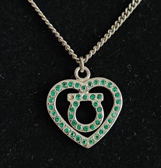 Salvatore Ferragamo Silver Heart Necklace with Green Accents