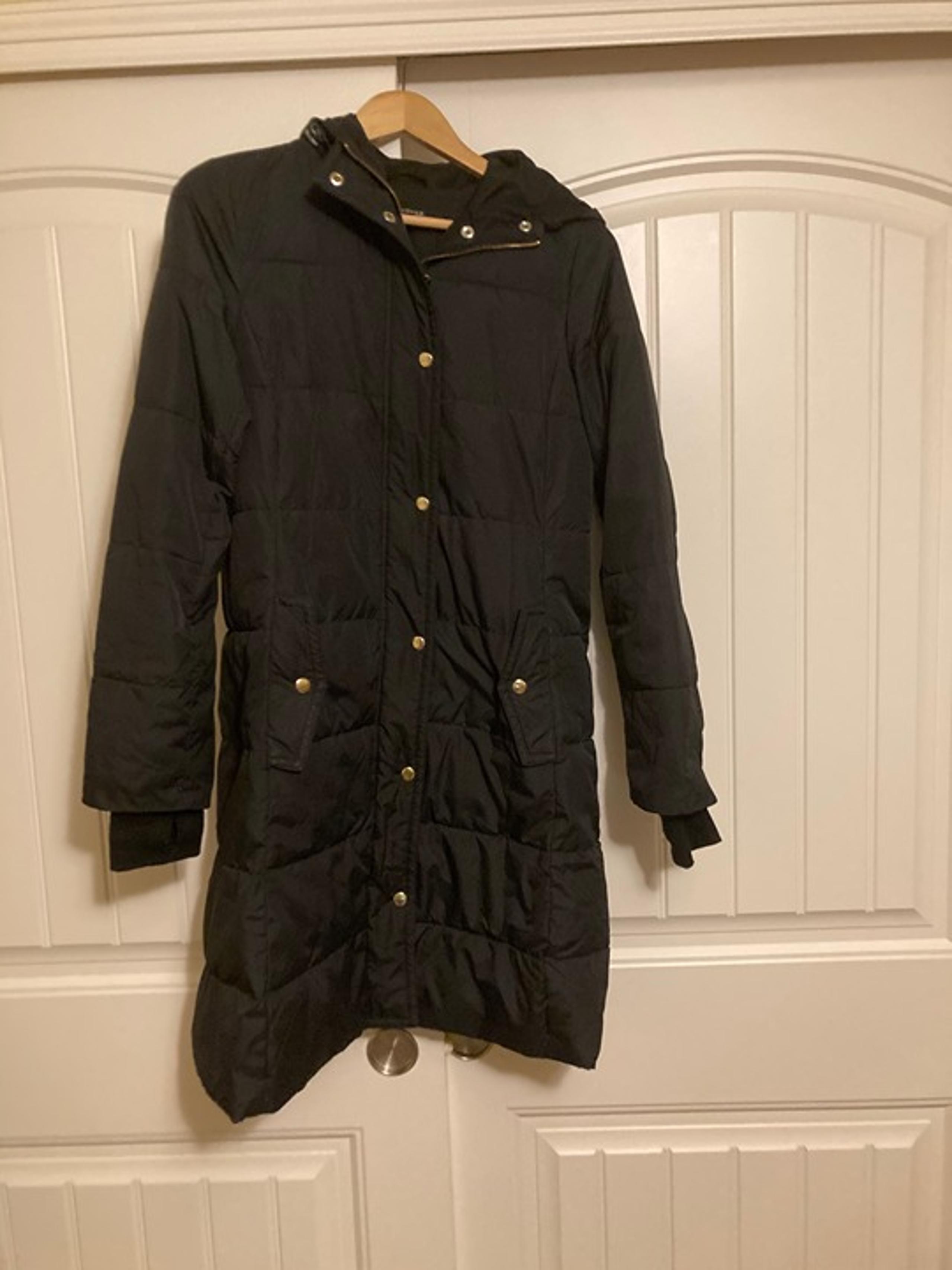 Mercantile Long Puffer Coat XS Xtra Small Quilted Black Hooded Zip Snaps - J.Crew