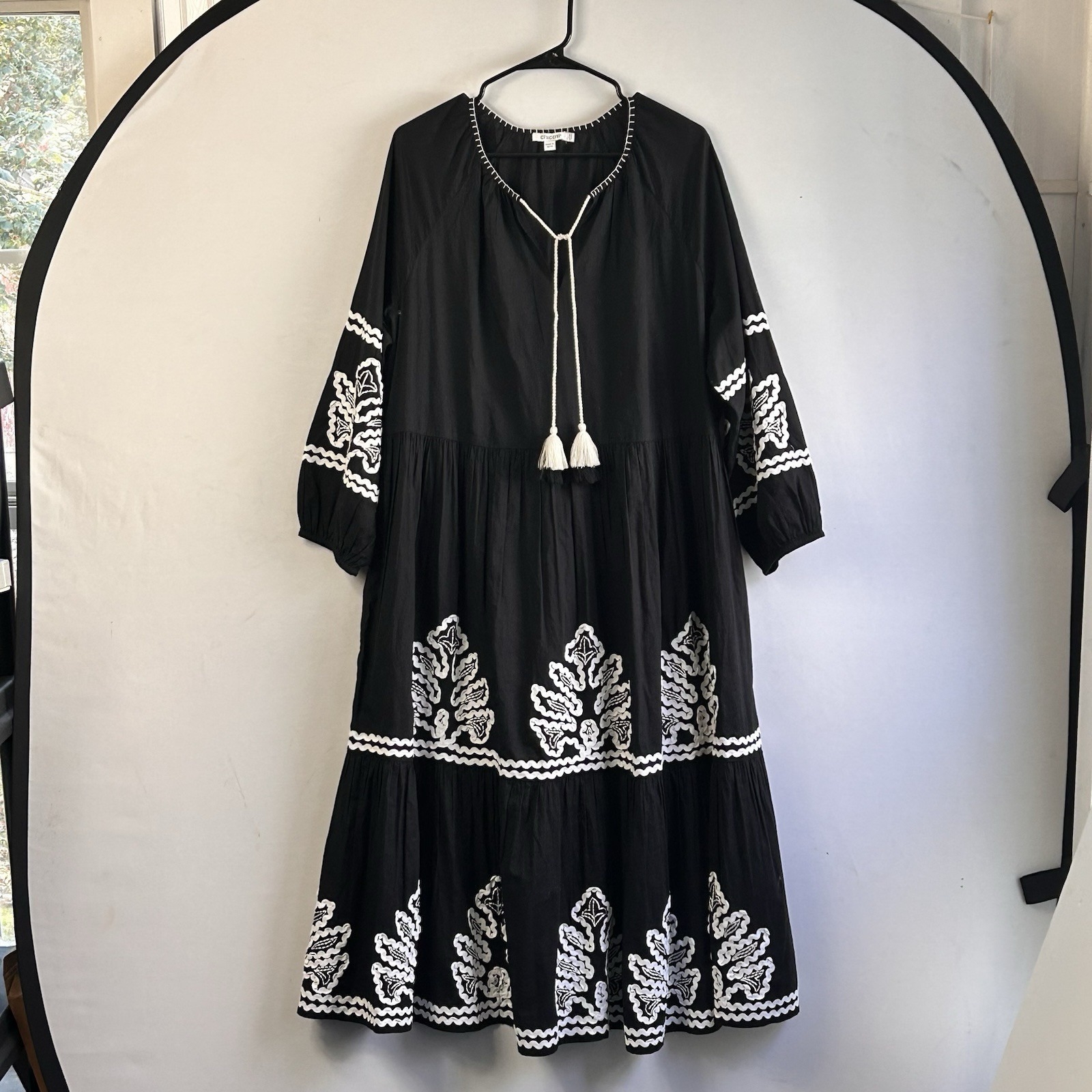 Chico's Rickrack Tiered Midi A Line Tassel Embroidered Long Sleeve Dress 14 Boho