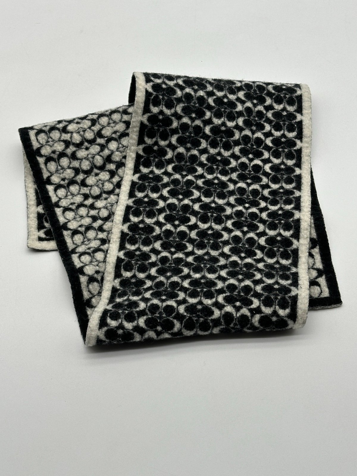 Coach Pattern 100% Merino Wool Black Scarf 6.5” X 40”