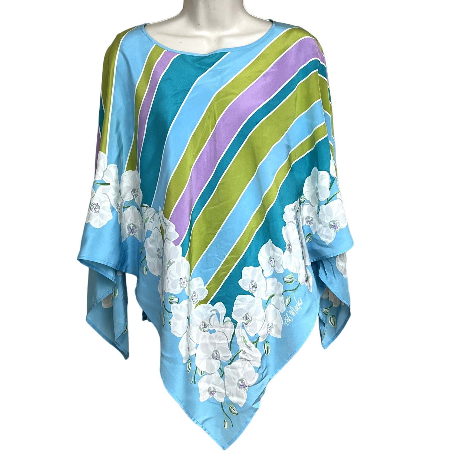Bob Mackie Wearable Art Retro Silk Poncho Sleeve Blouse w/Tank Top Floral XS