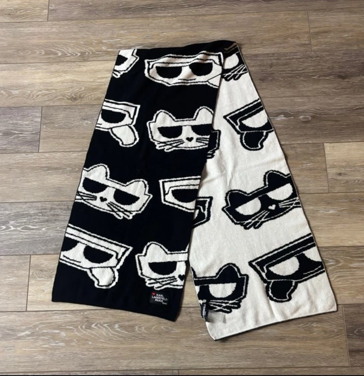 Karl Lagerfeld Scarf Black White Reversible Karl Kitty Print Cat Wrap Whimsical