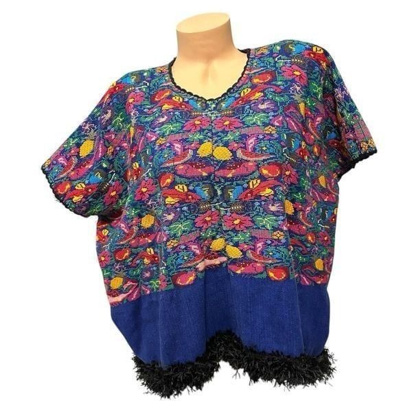 Vintage Textile Huipil Poncho Hand Embroidered Guatemala Fruit Colorful Flower