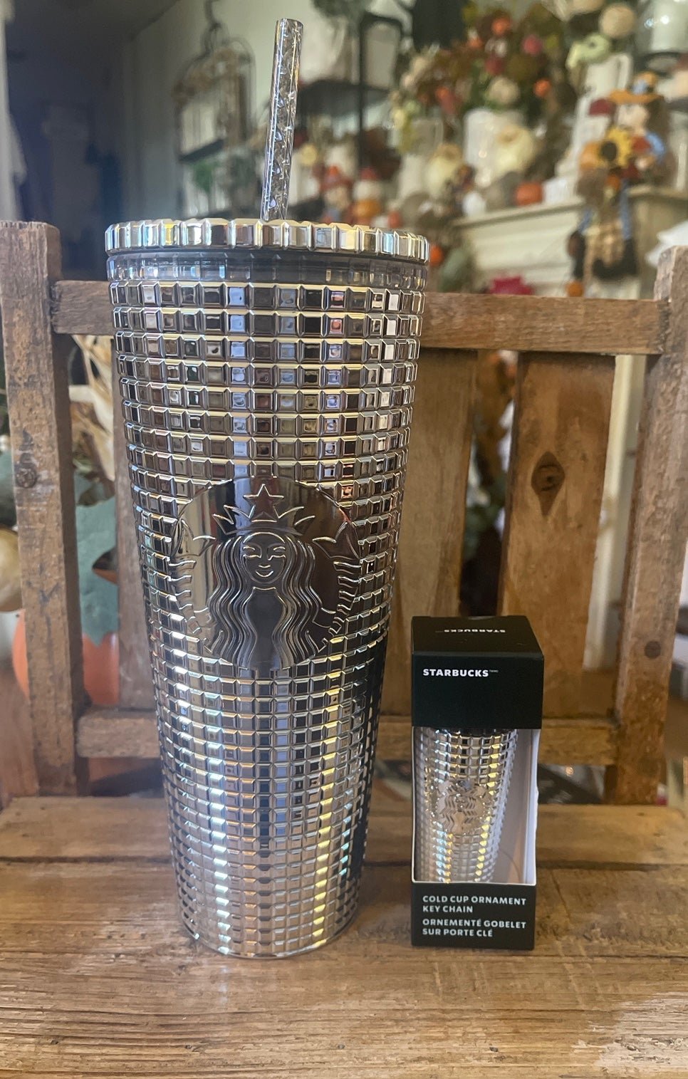 Starbucks silver tumbler 2023 with matching keychain ornament