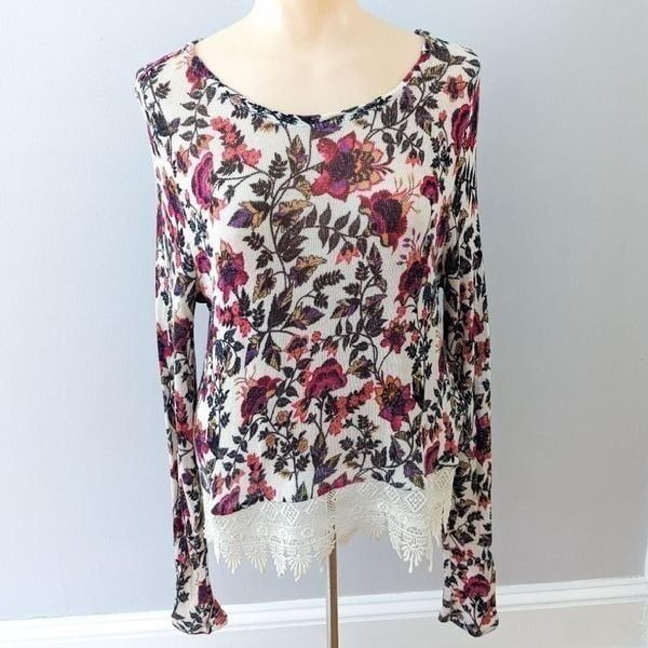 H&M Divided Floral Long Sleeve Knit Top Crochet Hem