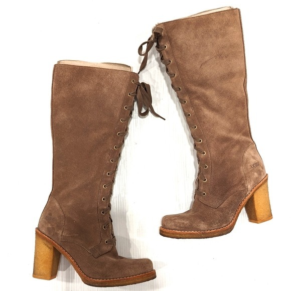 UGG Camille Tan Suede Lace-up Knee High Heeled Boots, Size 8
