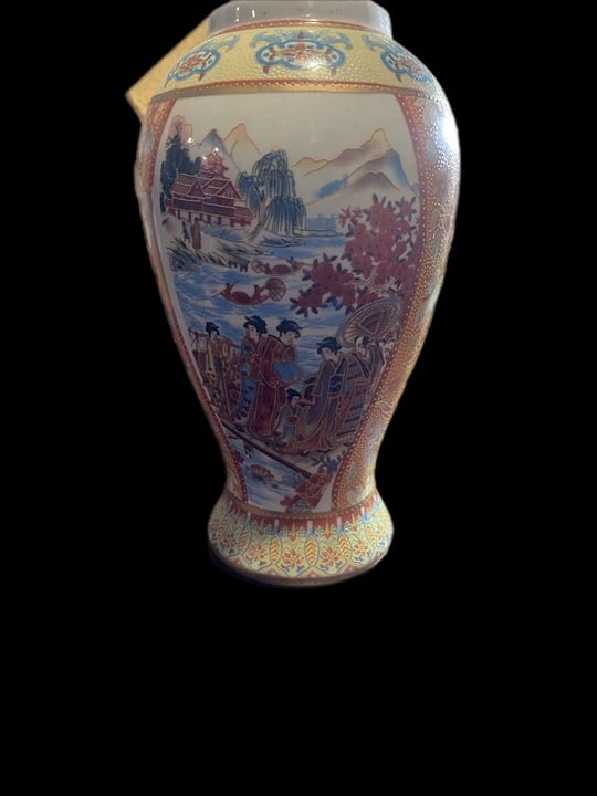 Vintage Asian Hand Painted Floral Geisha Water Scene Vase with Gold Moriage Trim