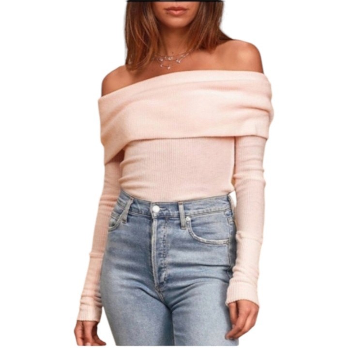 Free People Snowbunny Sweater in Shell Pink Off Shoulder Ribbed Hacci Knit