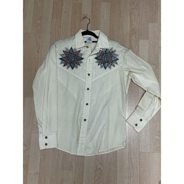 Vintage Lite Yellow Kensington Quilted Embroidery Red Pearl Snap Western Shirt M