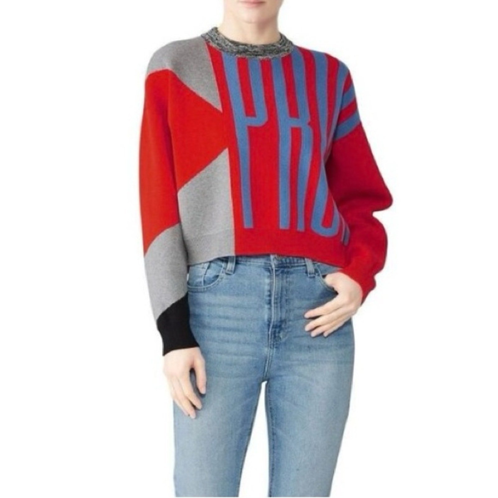 495 Proenza Schouler White Label Logo ColorBlock Sweater Red Blue & Gray Large