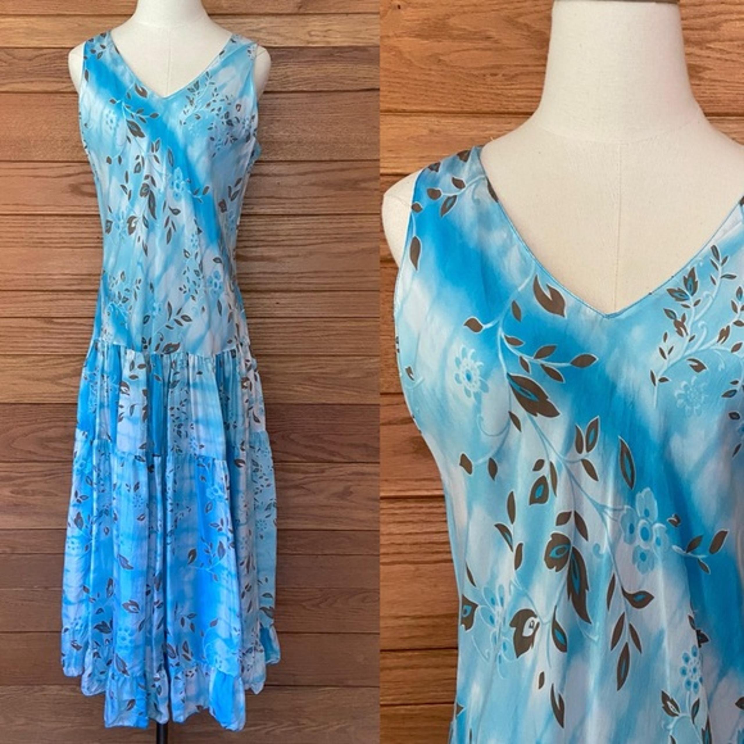 Y2K vintage silk floral tiered brown and blue maxi dress - Lynn Ritchie