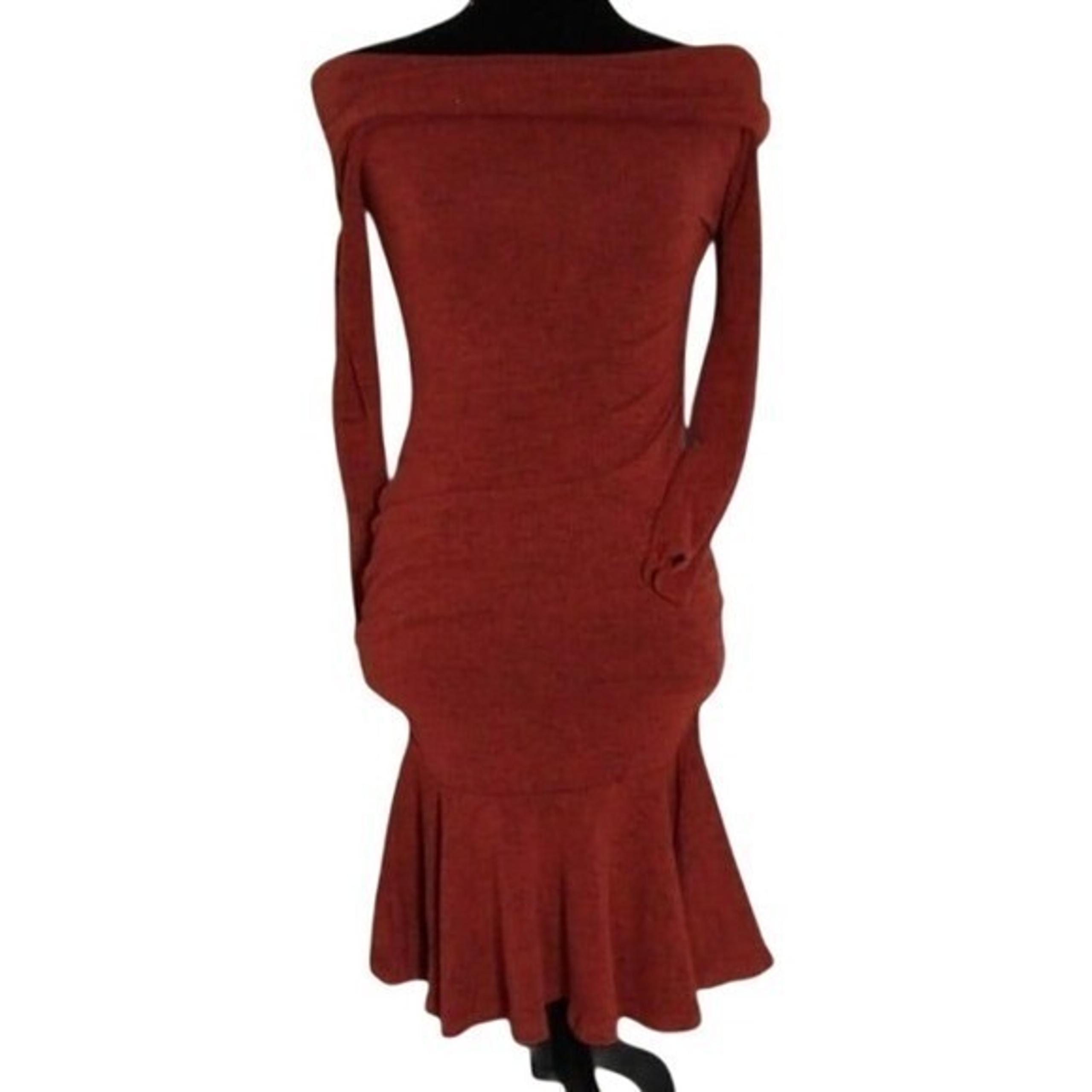 Fashion Nova Off Shoulder Bodycon Dress Ruffle Hem Long Sleeve Rust S