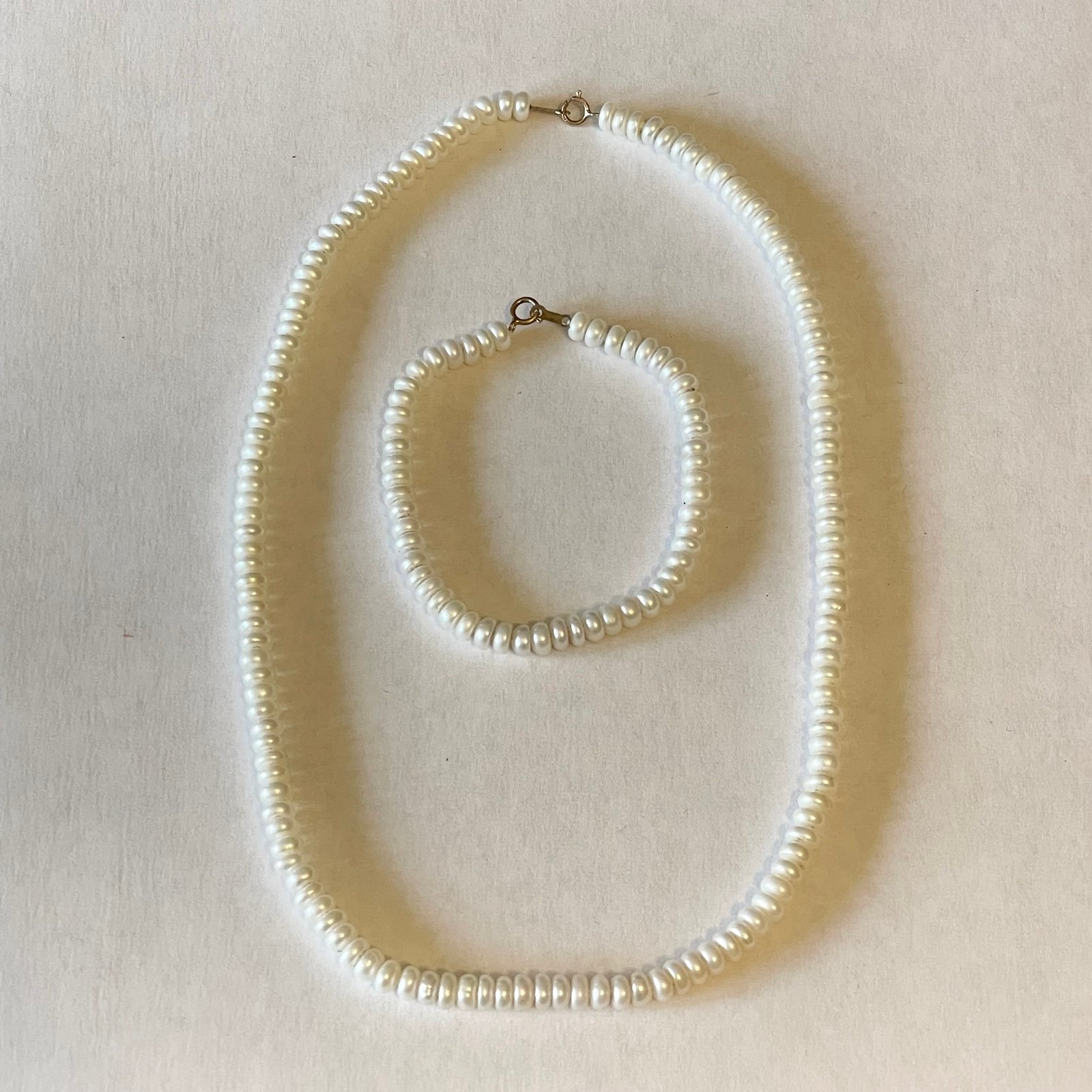 Vintage Rondelle Pearl 10k Yellow Gold Clasp Necklace & Bracelet Set Demi Parure