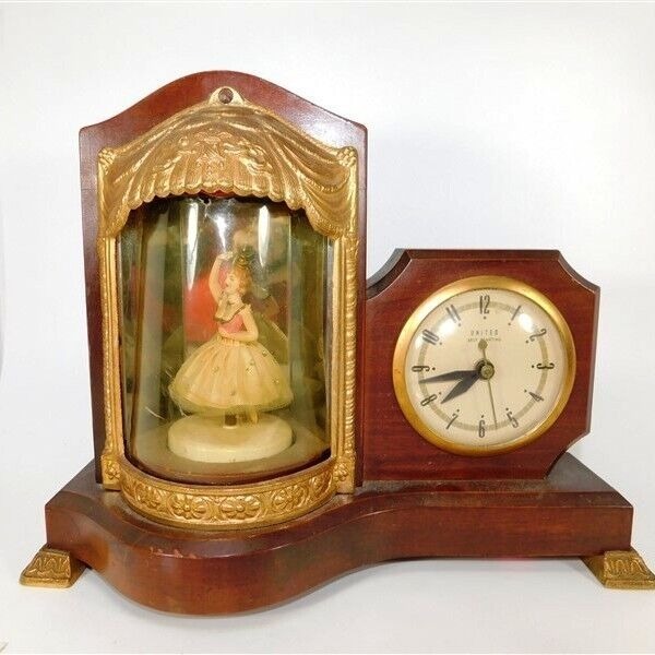 131/3216 Vintage 1955 United Clock Corp Spinning Ballerina Musical Mantel Clock