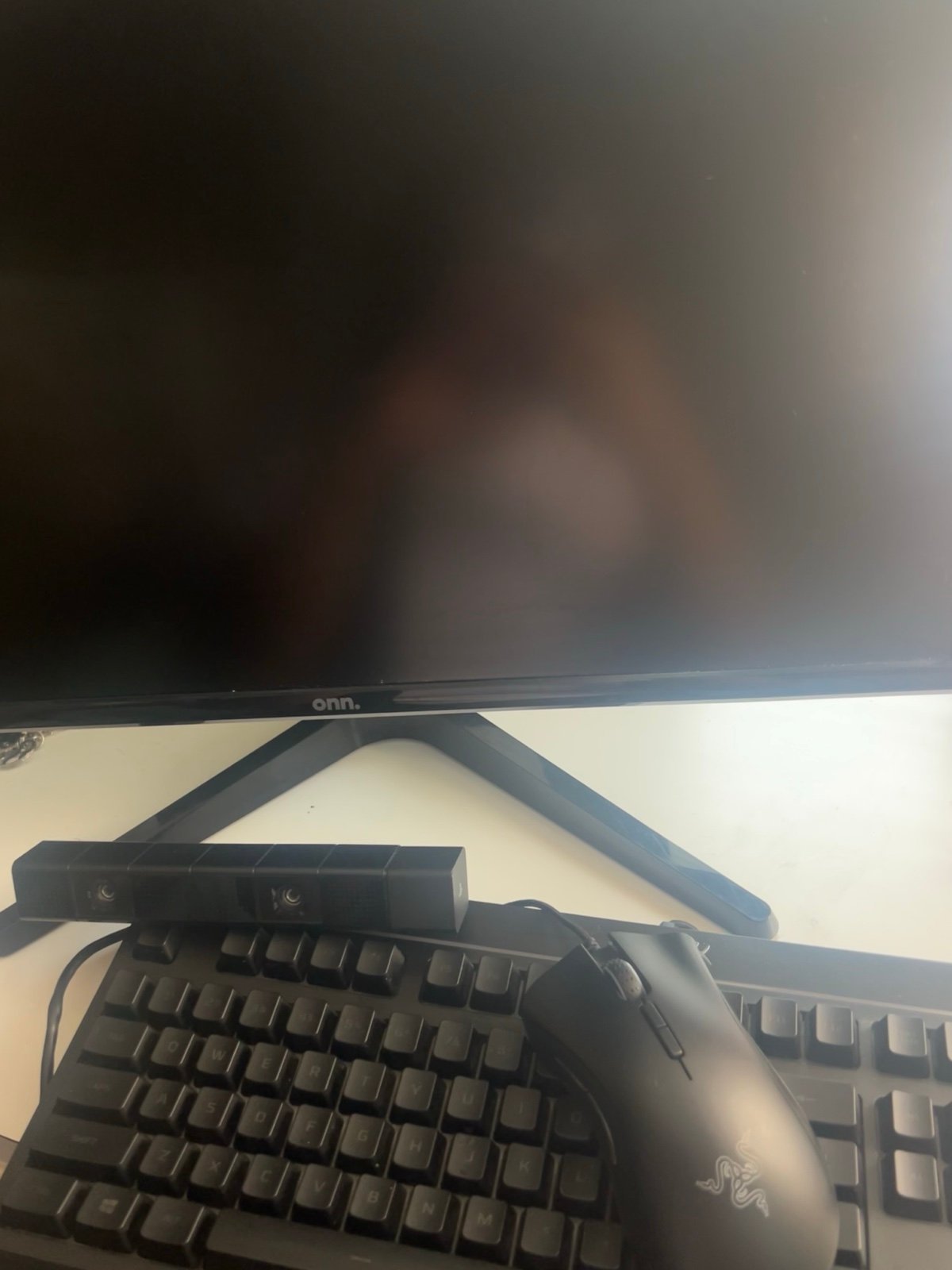 Onn Monitor, Hyper X Keyboard, PlayStation WebCam & Razor Mouse.
