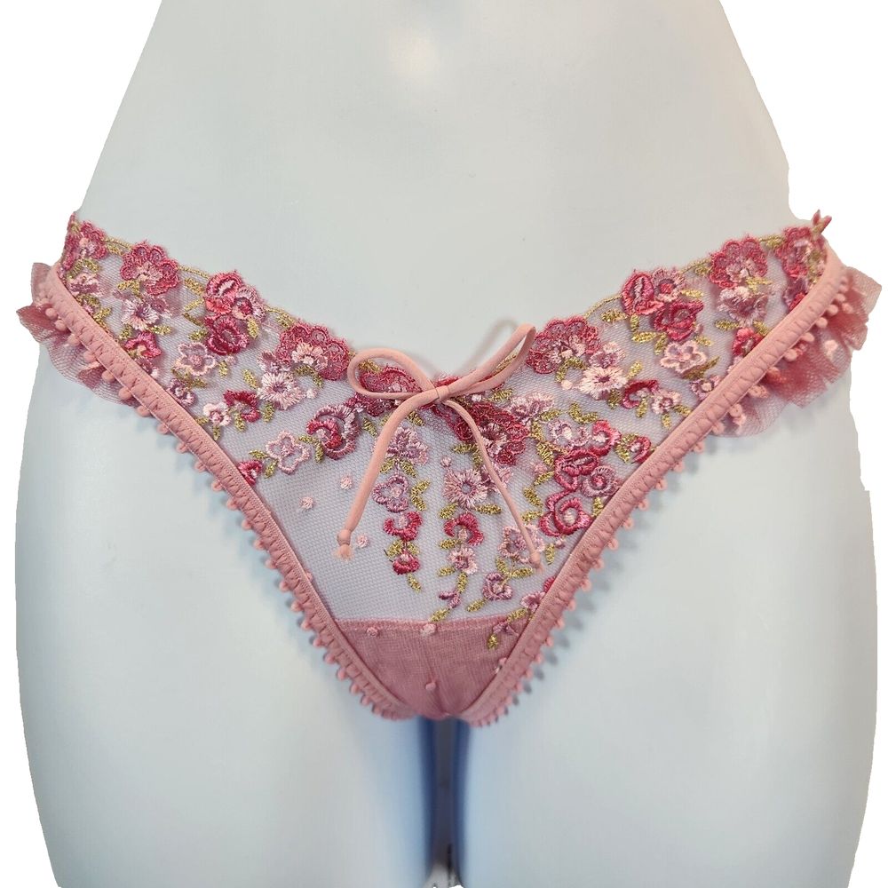 For Love & Lemons Women`s Pink Thong Panty Size XXS NWT Floral Embroidery Sexy