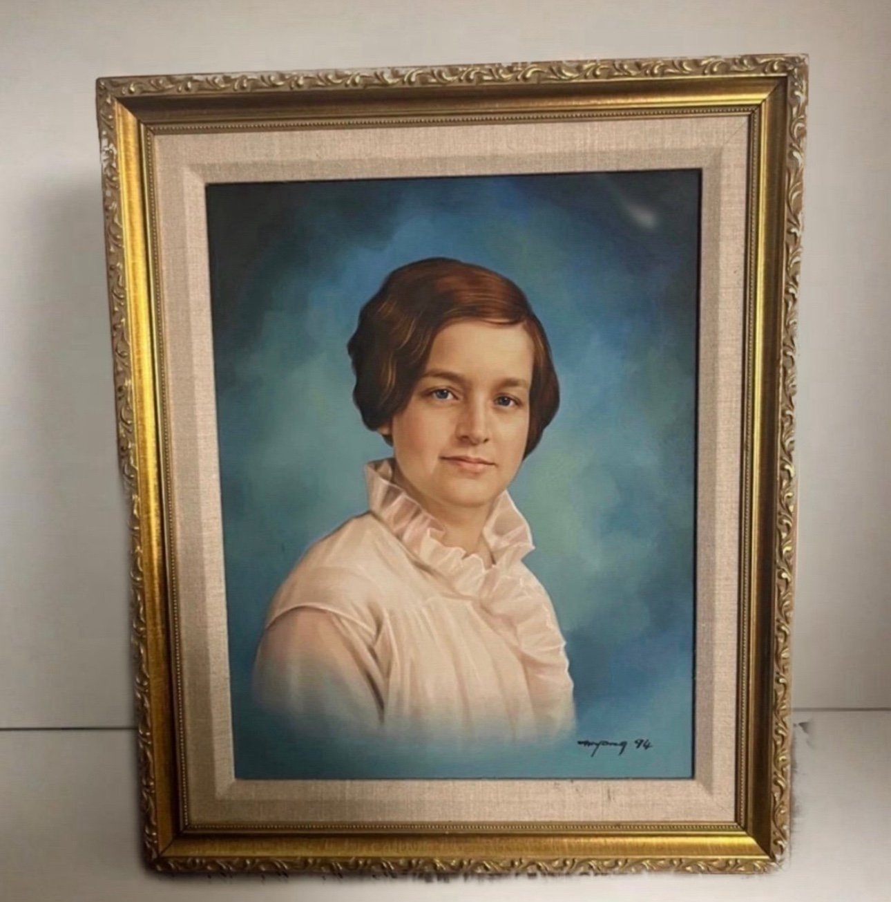 Original Vintage Oil Painting MultiColor Realistic Portrait By Myong 1994 16x19