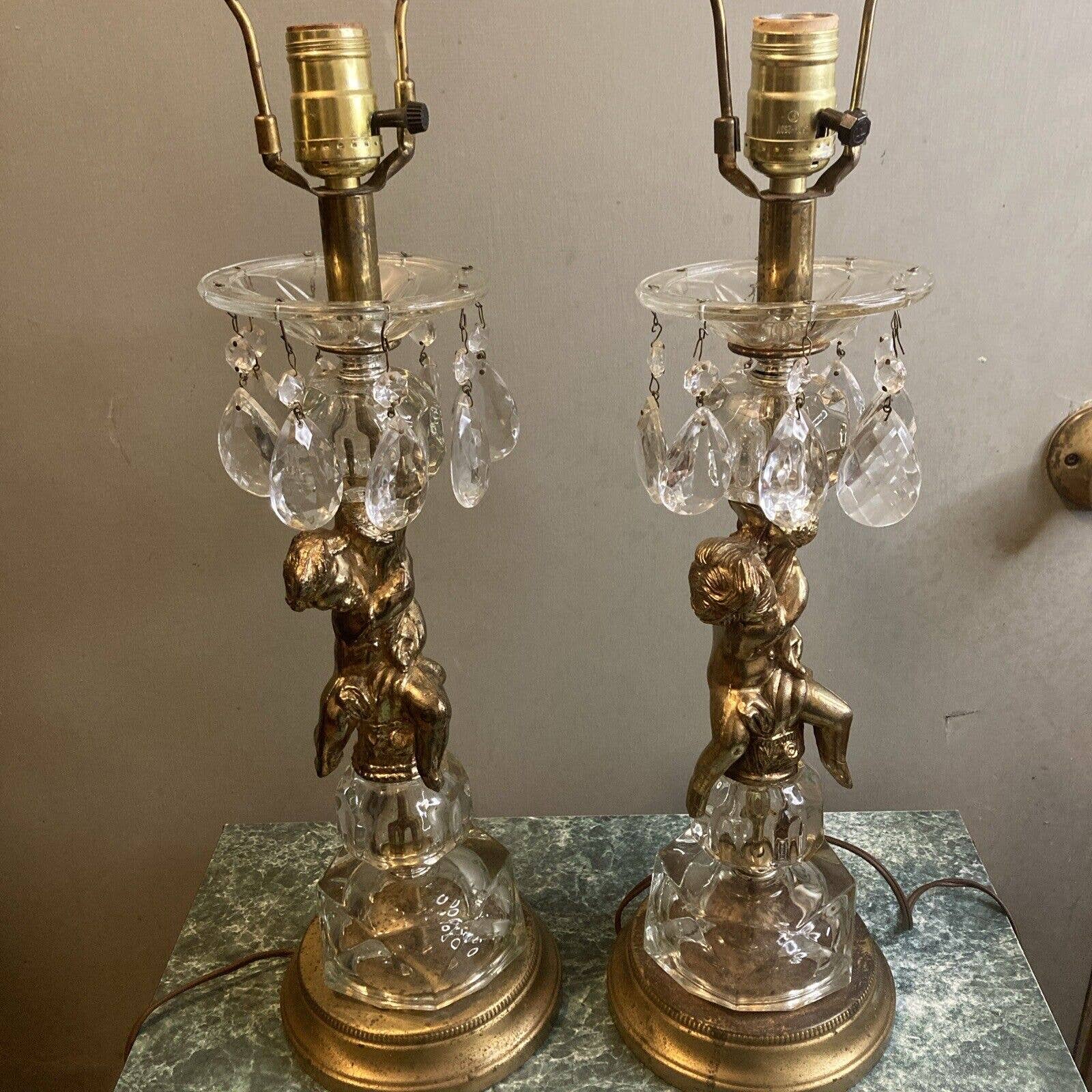 2 Vintage Hollywood Regency Mid Century Cherub Lamps Prism Crystals 27” Tall