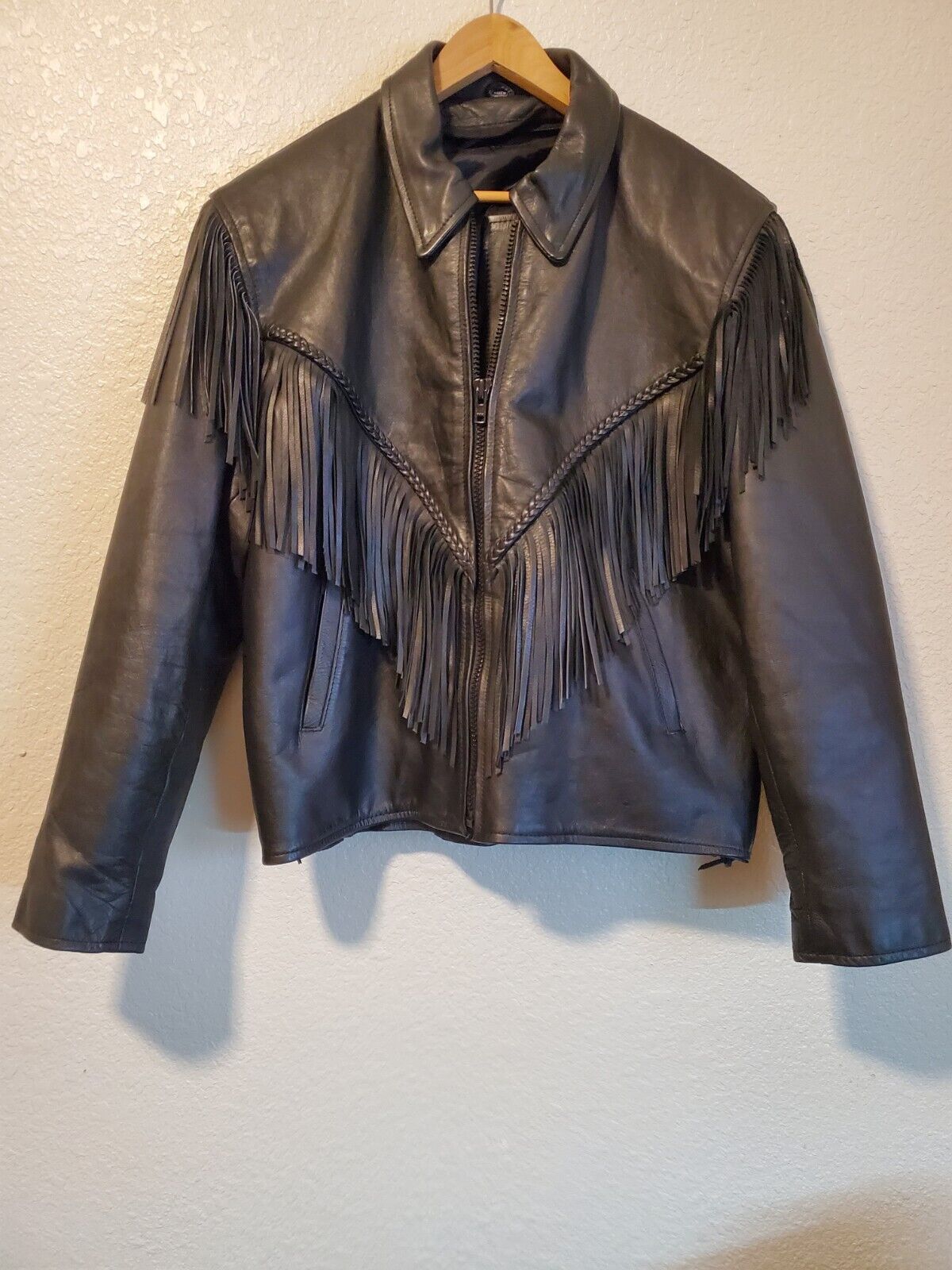 Leather King Vtg Black Leather Fringe Motorcycle Jacket Men's Biker Coat Sz 40