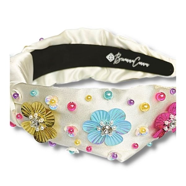 Brianna Cannon Satin/Silk Headband with Hand Sewn Beads Flowers Feminine New