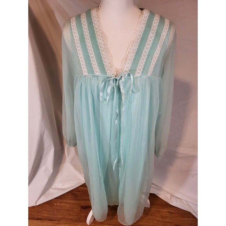 Vintage 1960s Nylon Lace Nightgown Robe Peignoir Set Medium Sears Green Sheer